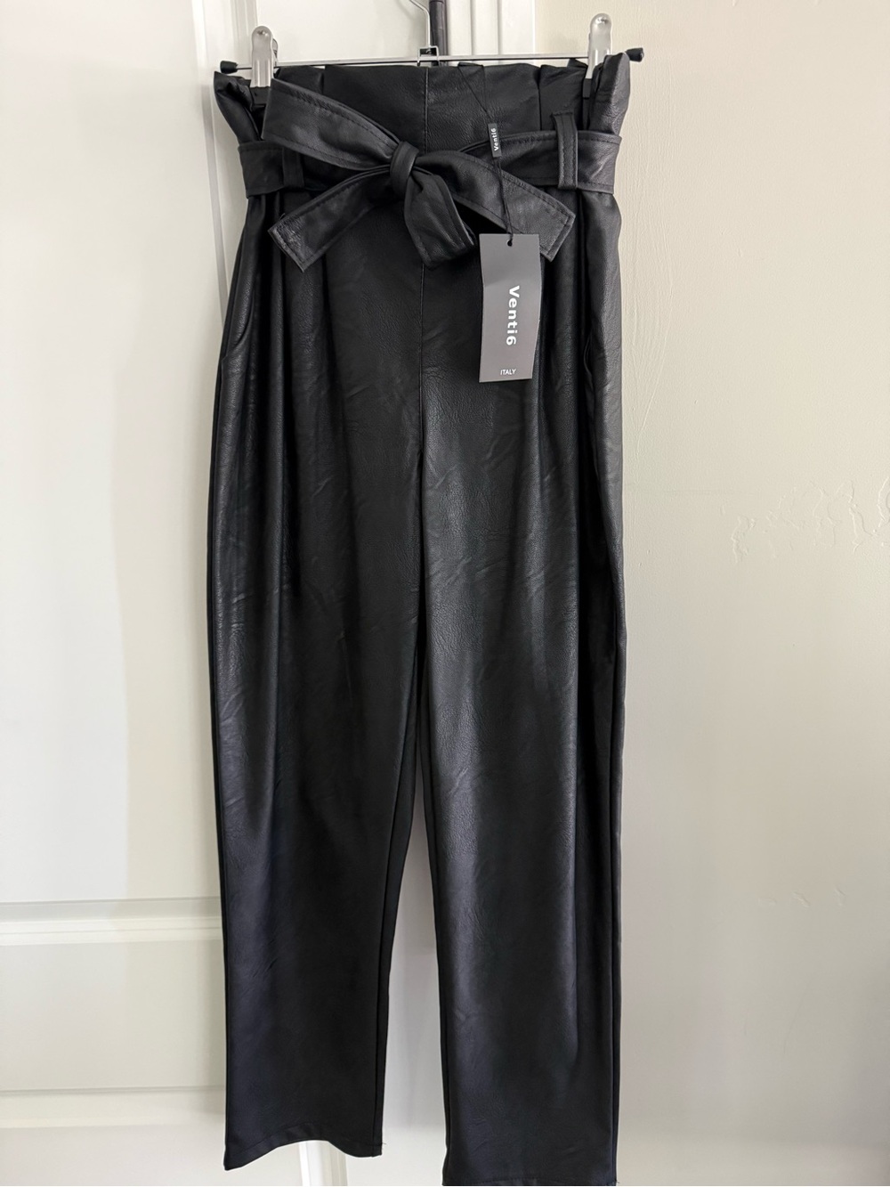 Venti6 (made in Italy) High-Rise Black Faux Leather Paperbag Trousers, Tie Belt